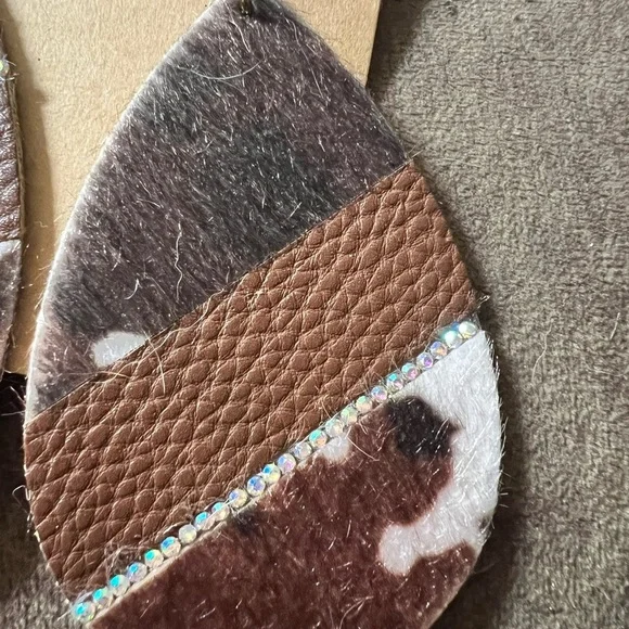 Hair On Hide Faux Leather Jeweled Teardrop Dangle Drop Earrings - Picture 8 of 10